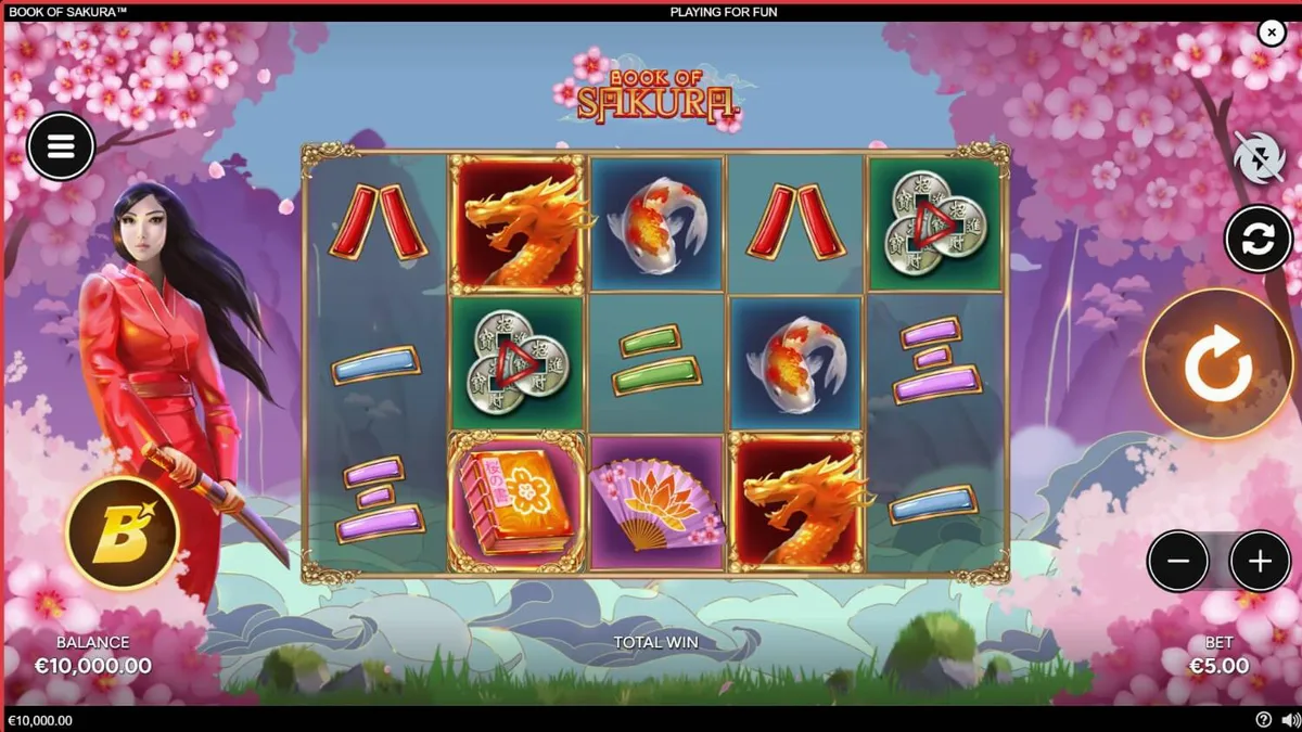 Book of Sakura स्लॉट का जापानी थीम वाला इंटरफेस